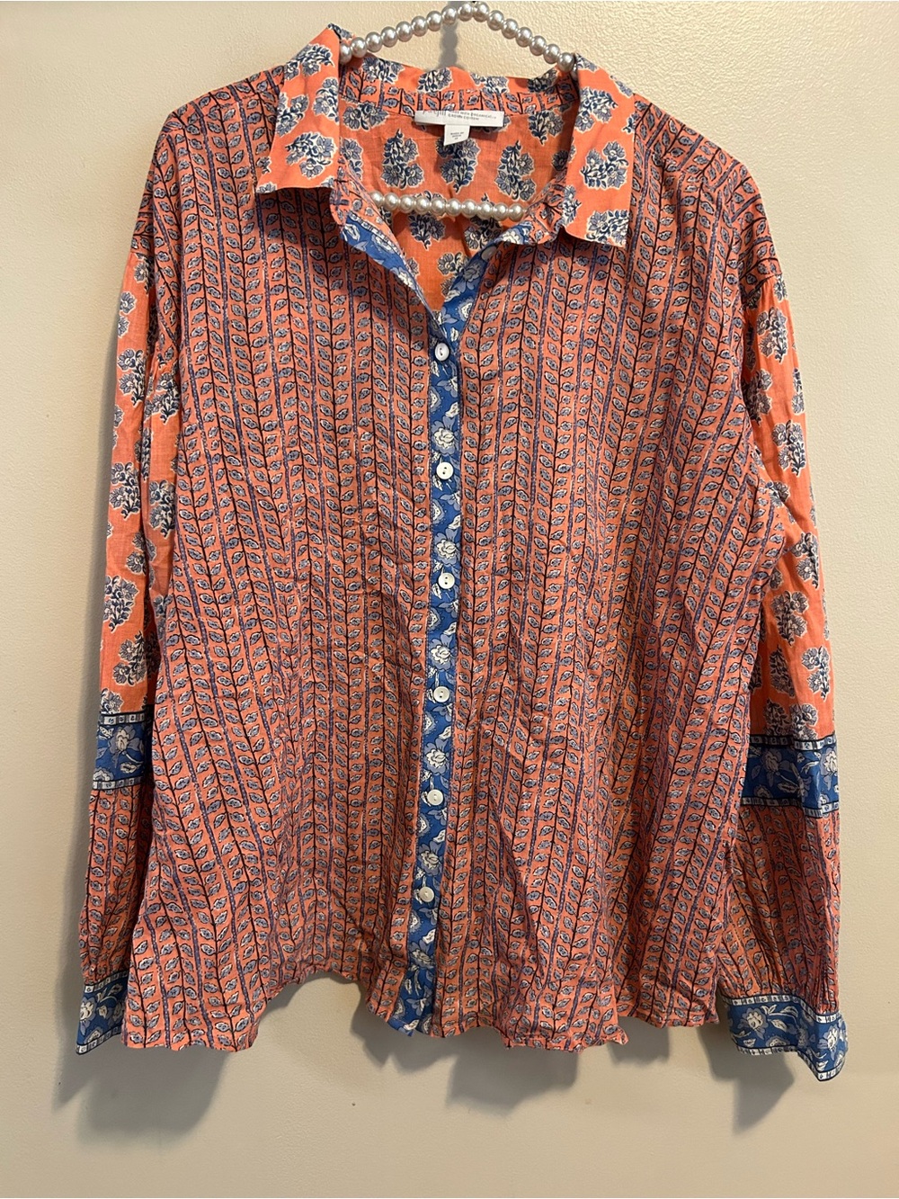 J Jill Pure Jill Mixed Print Shirt M Coral Blue Boho 100% Organic Cotton Top